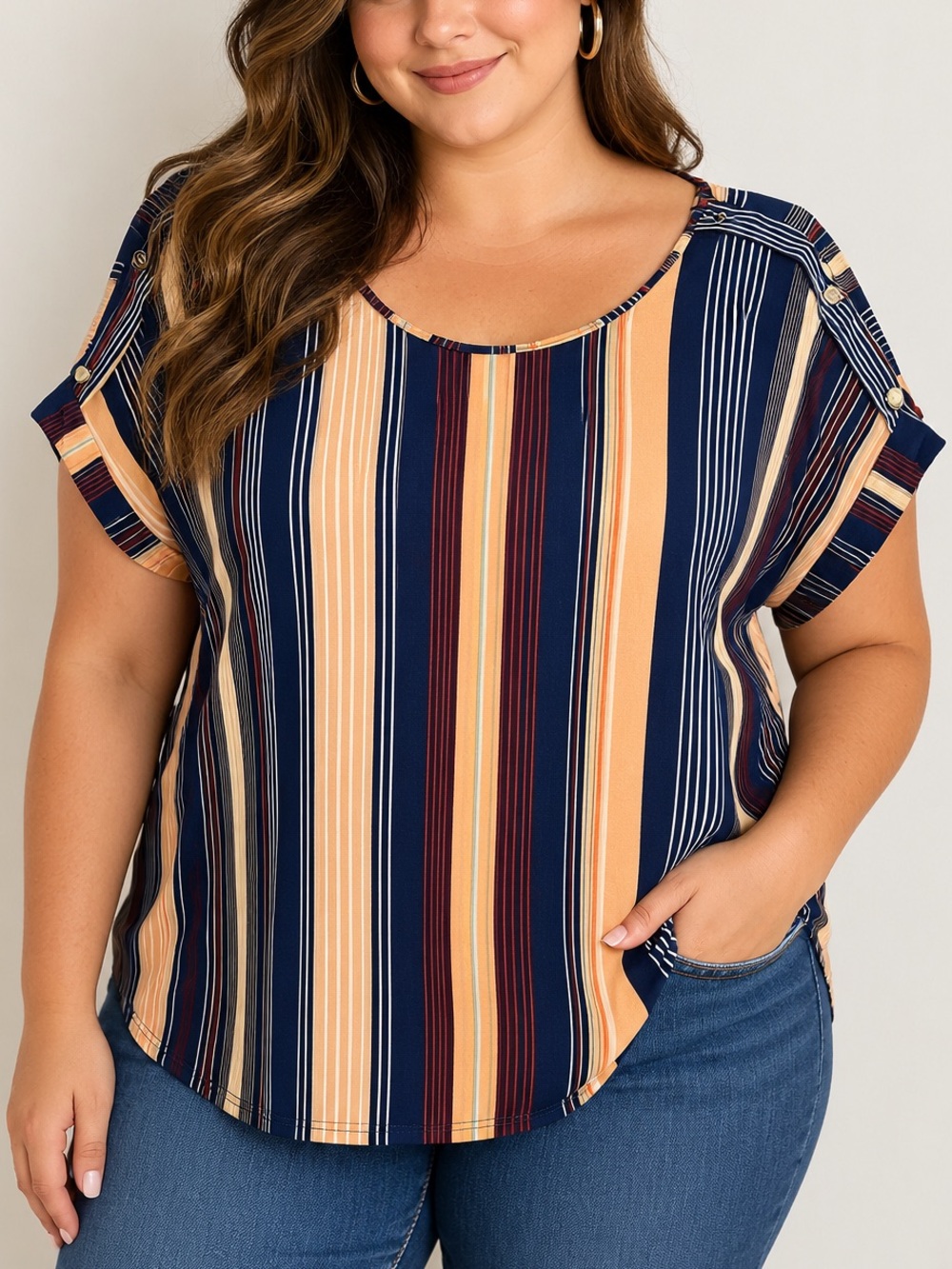 AUW Navy, cream and Peach Striped Women's Top / Business Casual / Autumn Fall